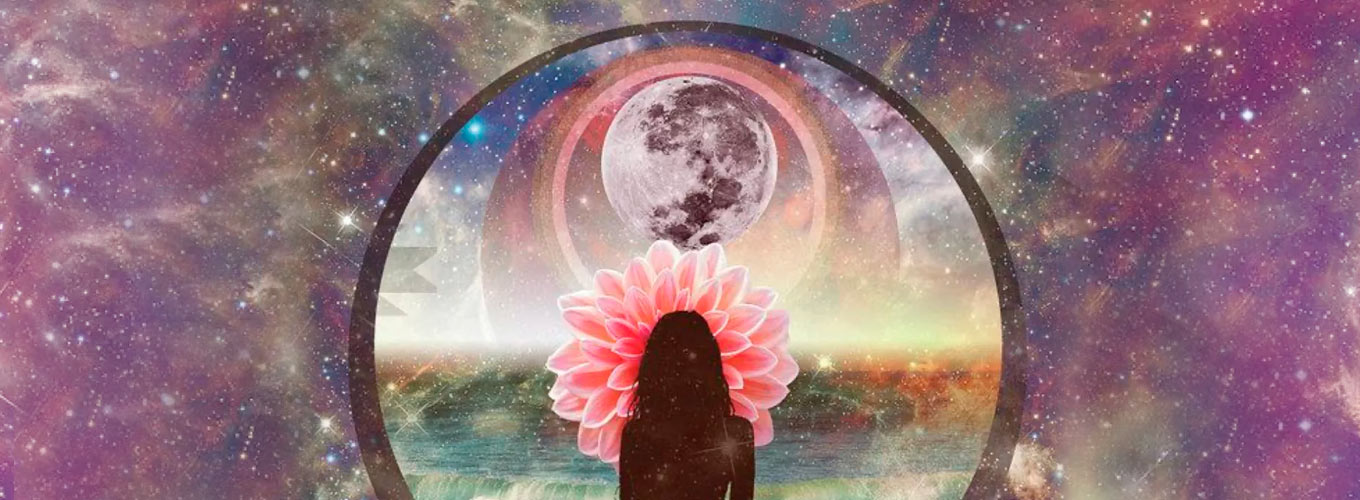 imagem de mulher sob lua e planeta terra - conceito canalização espiritual 2020
