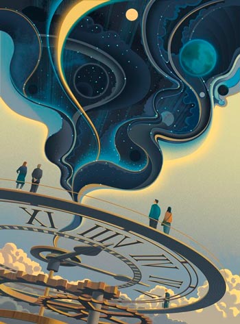 pessoas sobre relógio e tempo em hora de decidir - ilustrsção de sam chivers